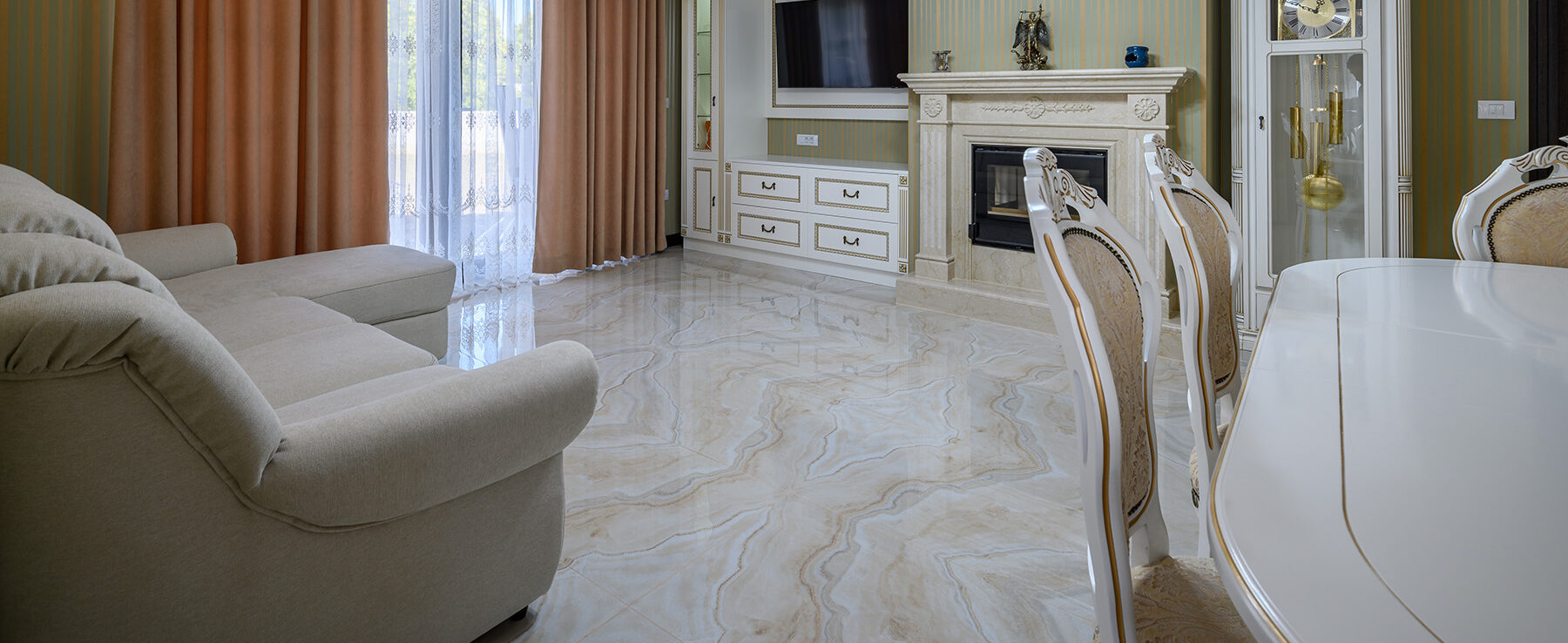 Classic living room interior design with marble floor
